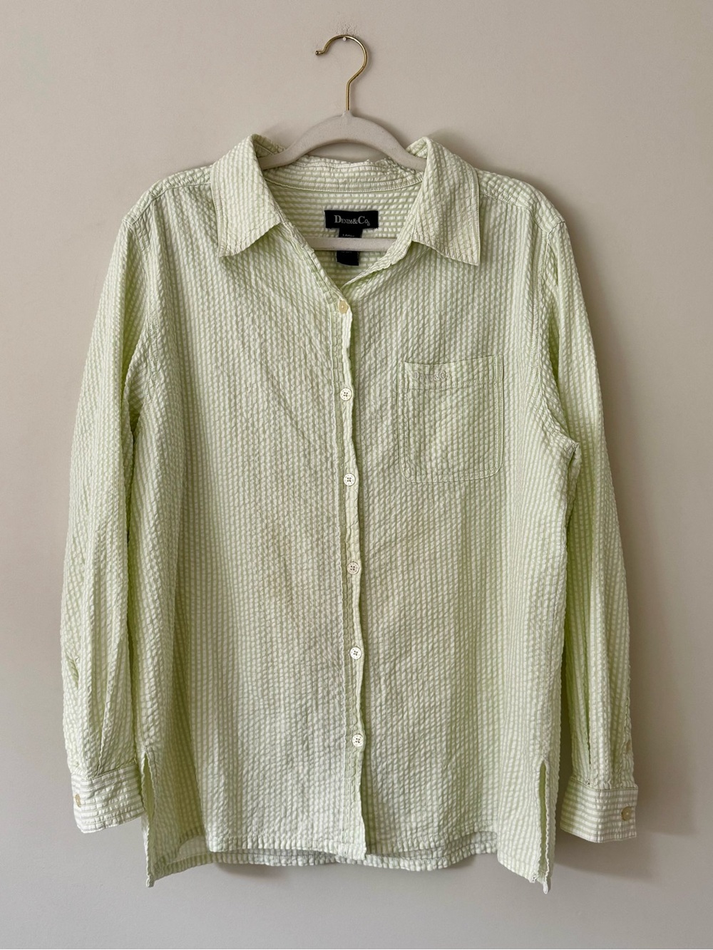 Vintage Denim & Co. 100% Cotton Seersucker Stripe Button Down, Green & White – L